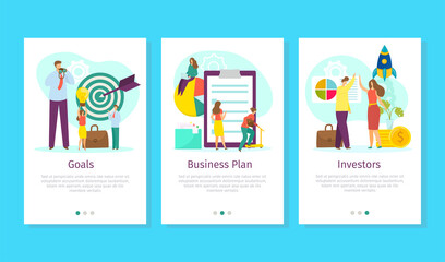 Business banner design set, goals, plan and investor concept, vector illustration. Man woman people character work with finance money.