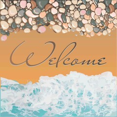 Round pebbles, sea waves and sandy beach