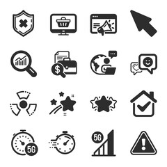 Set of Technology icons, such as Seo marketing, Data analysis, Reject protection symbols. Mouse cursor, Chemical hazard, 5g internet signs. Web shop, 5g wifi, Timer. Smile, Star. Vector