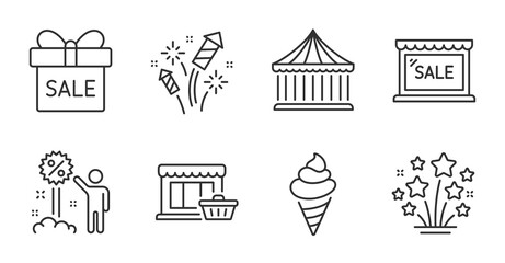 Carousels, Fireworks stars and Marketplace line icons set. Ice cream, Sale offer and Discount signs. Fireworks rocket, Sale symbols. Attraction park, Pyrotechnic salute, Shopping store. Vector