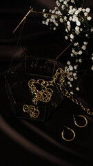 Fototapeta na wymiar Dark brown background with gold accessories in jewelry box and gypsophila