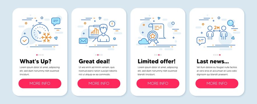 Set of Science icons, such as Presentation board, Freezing timer, Certificate symbols. Mobile screen mockup banners. Social distancing line icons. Vector