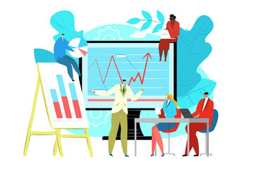 Business education and training concept, vector illustration. People character study at flat course in office, get skill for financial work.