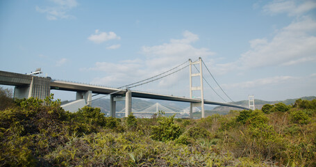 Tsing Ma Suspension bridge in Hong Kong city