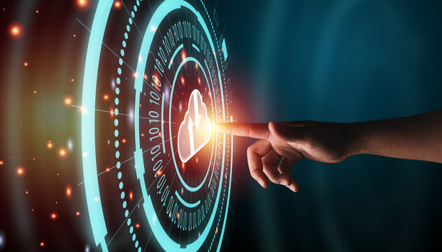 Hand touching to info graphics with cloud computing and technology icons, innovation and big data transformation concept.