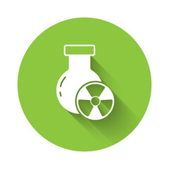 White Laboratory chemical beaker with toxic liquid icon isolated with long shadow. Biohazard symbol. Dangerous symbol with radiation icon. Green circle button. Vector