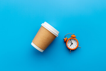 Paper coffee cups with coffee beans. Top view