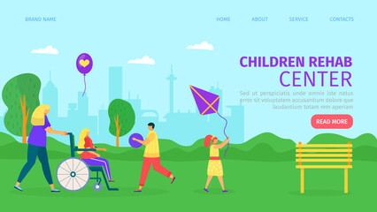Children rehabilitation center, web page vector illustration. Nurse care about little kid patient character group, landing banner concept.