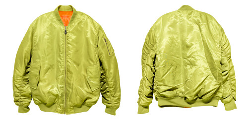 Bomber jacket color yellow-green front and back view on white background