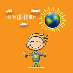 Cartoon earth day illustration or banner with little cute boy character holding in hands baloon with earth globe. Vector World earth day concept poster illustration with planet Earth and funny child