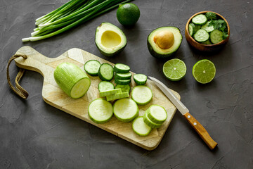 Cooking fresh salad with green vegetables. Raw food diet