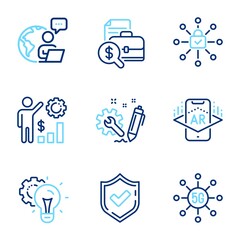 Technology icons set. Included icon as Accounting report, Engineering, Idea gear signs. Employees wealth, Confirmed, 5g technology symbols. Security lock, Augmented reality line icons. Vector