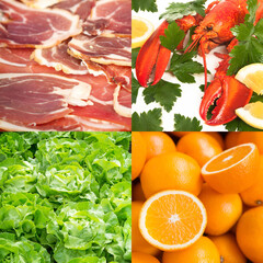 Assortment of delicious food, four images of salad, oranges, ham and lobster