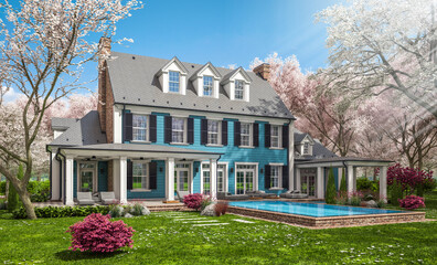 3d rendering of modern cozy classic house in colonial style with garage and pool for sale or rent with beautiful landscaping Fresh spring day with a blooming trees with flowers of sakura on backgraund