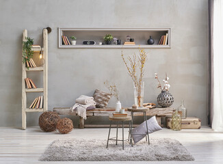 Decorative wooden long chair home interior room concept, concrete and stone wall decoration, carpet, vase of plant, wooden stair style.