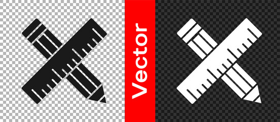 Black Crossed ruler and pencil icon isolated on transparent background. Straightedge symbol. Drawing and educational tools. Vector