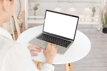 computer screen blank mockup.hand woman work using laptop with white background for...