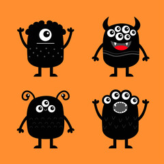Monster set icon line banner. Happy Halloween. Cute kawaii cartoon baby character. Funny face head body black silhouette. Hands up, eyes teeth fang horn tongue. Flat design. Orange background.
