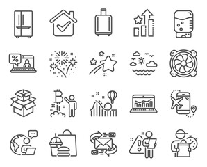 Business icons set. Included icon as Packing boxes, Water cooler, Fireworks signs. Web analytics, Bitcoin project, Baggage reclaim symbols. Travel sea, Refrigerator, Online loan. E-mail. Vector