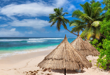Tropical Paradise beach. Parasols in Sunny beach with palm and turquoise sea in exotic island. Summer vacation and tropical beach concept.	