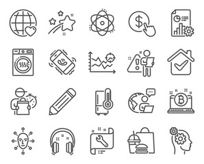 Technology icons set. Included icon as Report, Buy currency, Seo analysis signs. Refrigerator, Spanner, Thoughts symbols. Call center, Headphones, Pencil. Bitcoin, Face biometrics, Atom. Vector