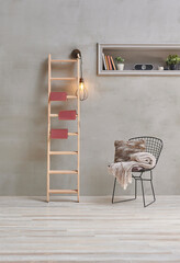 Grey stone and concrete wall background with wooden stair, book decoration, niche, vertical screen.