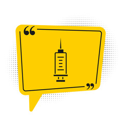 Black Syringe icon isolated on white background. Syringe for vaccine, vaccination, injection, flu shot. Medical equipment. Yellow speech bubble symbol. Vector