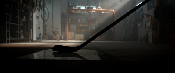 Kid boy hockey player practicing shots inside a covered garage at home. Shot with 2x anamorphic lens