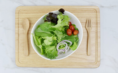 top view of salad form fresh green leaves mix and vegetables