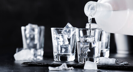 Cold Vodka in shot glasses on black background, ready to drink. Banner with copy space