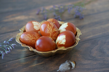 Easter eggs. Painted eggs on a wooden background. Easter Russian traditions.
