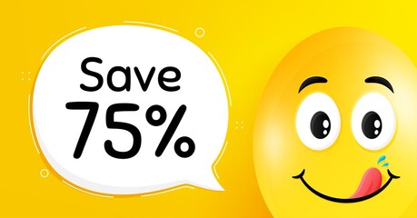 Save 75 percent off. Easter egg with yummy smile face. Sale Discount offer price sign. Special offer symbol. Easter smile character. Discount speech bubble. Yellow yummy egg background. Vector