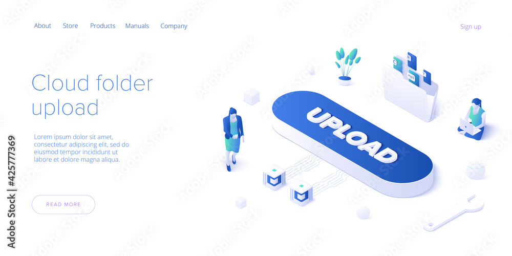 Sticker young woman using cloud folder service in isometric vector illustration. girl uploading documents in