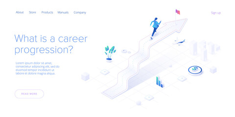 Career growth with young woman running to goal flag. Success or successful job development with businesswoman. Isometric vector illustration. Web banner layout template. - obrazy, fototapety, plakaty