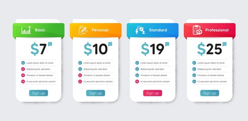 Obraz premium Business icons set. Price table chart, business plan template. Included icon as Consulting business, Keywords, Parcel checklist signs. Efficacy flat icons. Vector