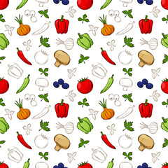 Seamless pattern with vegetables in a linear, hand-drawn style. Bright vegetables. A combination of colored and outlined elements. Vector illustration in a flat style. Isolated on a white background