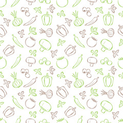 Seamless pattern with vegetables in a linear, hand-drawn style. Summer vegetables. Outline elements. Vector illustration in a flat style. Two-color pattern isolated on a white background.