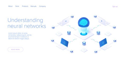 Artificial intelligence or neural network concept in isometric vector illustration. Neuronet or ai technology background with robot and human female. Web banner layout template.