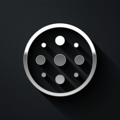 Silver Sewing button for clothes icon isolated on black background. Clothing button. Long shadow style. Vector