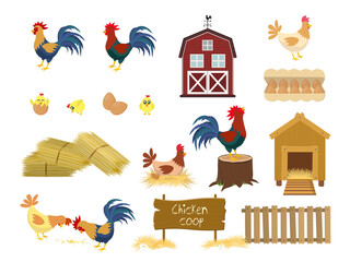 Chicken coop set. Chickens farm birds isolated set walking with baby chickens © ellyson
