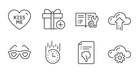Add gift, Thumb down and Kiss me line icons set. Engineering documentation, Love glasses and Cloud upload signs. Cloud computing, Fast delivery symbols. Quality line icons. Add gift badge. Vector