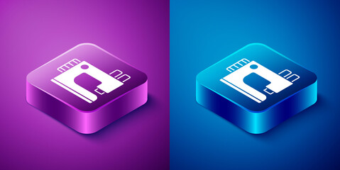 Isometric Sewing machine icon isolated on blue and purple background. Square button. Vector