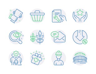 Business icons set. Included icon as New mail, Family insurance, Repair document signs. Love gift, Winner cup, Vision test symbols. Ranking, Gluten free, Foreman. Loan percent, Shop cart. Vector