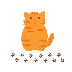 Little cute funny red striped cat with footprint of its paws, simple flat style vector illustration, domestic pet cozy home interior concept