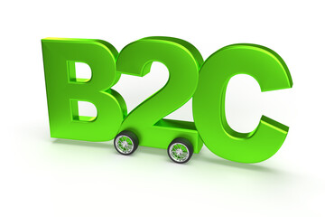 The text business to customer B2c on wheel as car on isolated background.