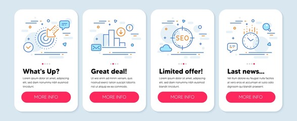 Set of Technology icons, such as Seo, Targeting, Decreasing graph symbols. Mobile app mockup banners. Time line icons. Search target, Click, Crisis chart. Clock. Seo icons. Vector