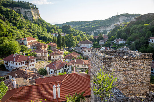 MELNIK, BULGARIA - JUNE 01, 2018: Typical street and old houses in historical town of Melnik, Blagoevgrad region, Bulgaria.