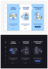 Learning styles onboarding vector template. Responsive mobile website with icons. Web page walkthrough 3 step screens. Academic achievements dark, light mode concept with linear illustrations