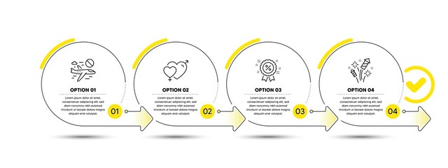 Male female, Cancel flight and Discount line icons set. Timeline process infograph. Fireworks rocket sign. Love heart, Closed flights, Sale shopping. Pyrotechnic salute. Holidays set. Vector