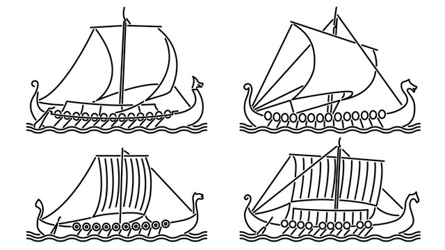 Set of simple vector images of sailing ships of medieval dragonboats (drakkar) drawn in art line style.